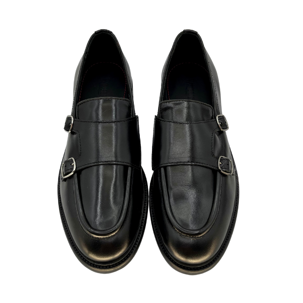 Scarpa artigianale doppia fibbia in vitello nero