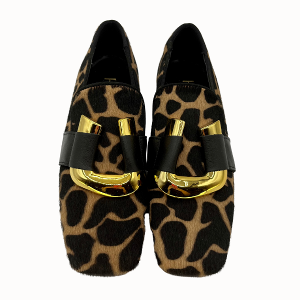 Slipper in cavallino stampa giraffa e staffa dorata