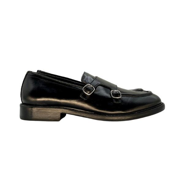 Scarpa artigianale doppia fibbia in vitello nero