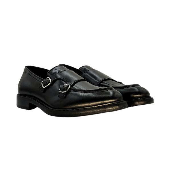 Scarpa artigianale doppia fibbia in vitello nero